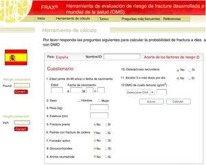 Cálculo del riesgo de fractura por Fracture Risk Assessment Tool (FRAX®) para España (https://www.sheffield.ac.uk/FRAX/tool.aspx?country=4).