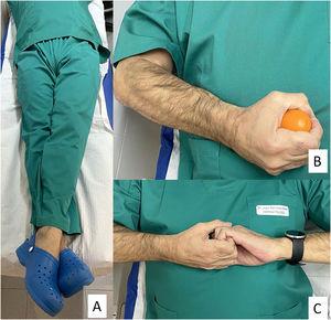 Maniobras de contrapresión isométrica para prevenir la progresión de la reacción vasovagal. A) Cruzar fuerte las piernas. B) Apretar una pelota de goma. C) Tensar una mano contra otra.