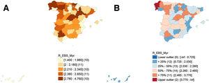 (A) Choropleth map showing the frequency of patients with generalized pustular psoriasis (GPP) admitted to hospital per 1,000,000 person-years between 2016 and 2020 in Spain. (B) Choropleth map (box map) showing the geographic distribution of patients admitted with GPP in Spain and highlighting atypical values (2016–2020). Note: Box map with a hinge value of 3. This identifies atypical low values (lower outlier) and values with rates lower than the 25th percentile minus 3 times the interquartile range (IQR) and atypical high values (upper outlier) as those with rates higher than the 75th percentile plus 3 times the IQR. The maps were created using GeoDa software.