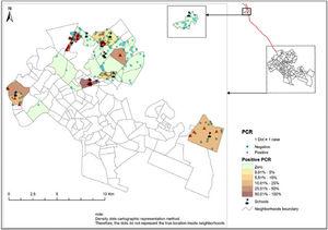 Spatial distribution of the prevalence of Mycobacterium leprae infection by neighborhoods of residence.
