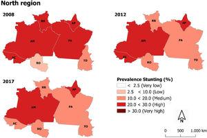 Prevalence of stuntinga among children under five years of age, according to SISVAN, categorized into four ranges, by state of the Northern Region, Brazil, 2008, 2012 and 2017. Classification of chronic child undernutrition based on de Onis et al.20aStunting was defined by low stature for age (z-score of the height-for-age index lower than -2 standard deviations) and very low stature for age (z-score of the height-for-age index less than -3 standard deviations).20