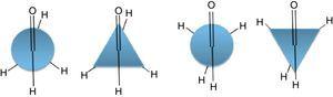 Conformations of acetaldehyde. Left is the eclipsed and right is the bisected.