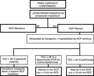 Algoritmo de la RCP manual e intermitente para víctimas hipotérmicas cuando la RCP continua no es posible69. PCR: parada cardiorrespiratoria; RCP: reanimación cardiopulmonar; TCC: temperatura corporal central.