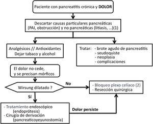Aproximación general a pacientes con pancreatitis crónica y dolor. (1) Comprobar lista de Tabla 1 (2) Efectividad pobre