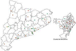 Localización geográfica en Cataluña de los centros de hemodiálisis (HD), diálisis peritoneal (DP) y trasplante renal (TR).