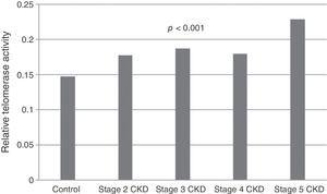 Telomerase activity in relation to CKD stage.