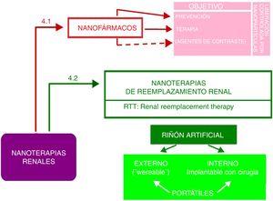 Panorámica general de las posibilidades de la nanotecnología aplicada a terapias renales. Para detalles, ver texto.