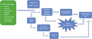 Relación de infección por SARS-CoV-2 y DPE. CV: cardiovascular; DPE: desgaste proteico energético; HTA: hipertensión arterial.