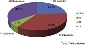 Porcentaje de pacientes incluidos.DP: diálisis peritoneal; ERCA: enfermedad renal crónica avanzada; HD: hemodiálisis; TR: trasplante renal.