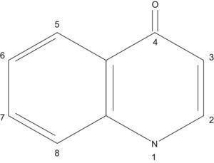 Estructura de la 4-quinolona, molécula de donde derivan muchas de las quinolonas usadas en clínica.