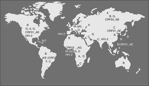 Distribución geográfica de la diversidad de VIH-1 (subtipos del Grupo M) y VIH2.