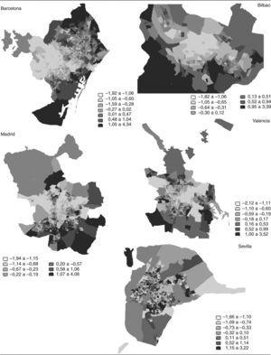 Distribución geográfica del índice de privación en secciones censales (2001), por septiles.