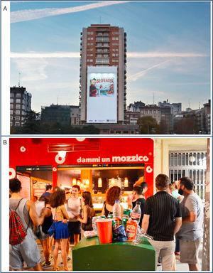 Promotion and signs of alcohol consumption in public spaces, beyond the alcohol retail outlets. A) Although advertising of spirits is prohibited in parts of Spain on public roads, advertisement and sponsorship are frequently used on public spaces. This promotional item covers a whole building and can be perceived from afar. B) The high visibility of alcohol use in the street in terms of people consuming alcohol, the presence of discarded bottles or other containers in the public space indicates the acceptability of alcohol, and suggests poor enforcement of existing alcohol related regulations.