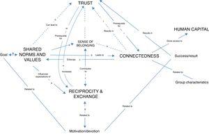 Observed connections between the studied sub-constructs of social capital: shared norms and values, connectedness, reciprocity and exchange, and trust.