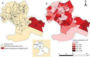 A) Distribución espacial de los casos de muerte y área de riesgo para la mortalidad por tuberculosis. B) Distribución espacial de las tasas de mortalidad por tuberculosis en Cuiabá, Mato Grosso, Brasil (2006-2016). TB: tuberculosis.
