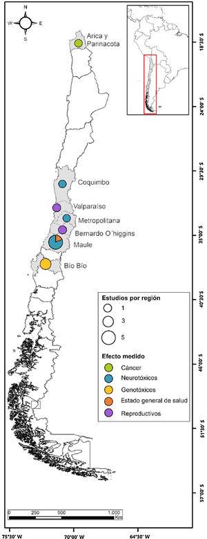 Distribución geográfica de las áreas con investigación epidemiológica en Chile.