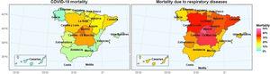 Map of Spain with mortality according to autonomous communities by (a) COVID-19; (b) diseases of the respiratory system.