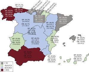 Mapa de la prevalencia de obesidad en población adulta (25-64 años) en España. Tasas ajustadas por edad. Entre paréntesis intervalo de confianza del 95%. OB: obesidad; SP: sobrepeso.