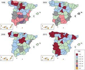 Tasa de mortalidad estandarizada por diabetes mellitus en España y distribución por provincias. Periodo 1998-2013. General. TME: tasa de mortalidad estandarizada.
