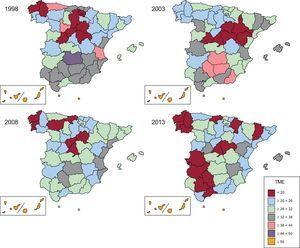 Tasa de mortalidad estandarizada por diabetes mellitus en España y distribución por provincias. Periodo 1998-2013. Varones. TME: tasa de mortalidad estandarizada.