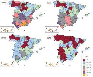 Tasa de mortalidad estandarizada por diabetes mellitus en España y distribución por provincias. Periodo 1998-2013. Mujeres. TME: tasa de mortalidad estandarizada.