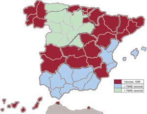 Comunidades autónomas donde las TMAE (método directo, población europea de 2013) son significativamente superiores o inferiores a la tasa ajustada nacional de los varones en 1999. TMAE: tasa de mortalidad ajustada por edad.