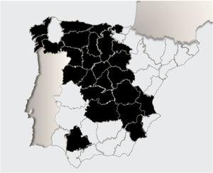 Mapa de España con la distribución de las 25 provincias de donde procedían los casos recogidos (en negro).