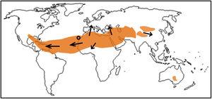 Distribución mundial de las áreas con deterioro de la calidad del aire a causa del polvo del desierto. Las flechas resaltan las rutas principales de transporte. El círculo negro indica la localización de Tenerife. Esta figura se muestra a todo color solo en la versión electrónica del artículo.