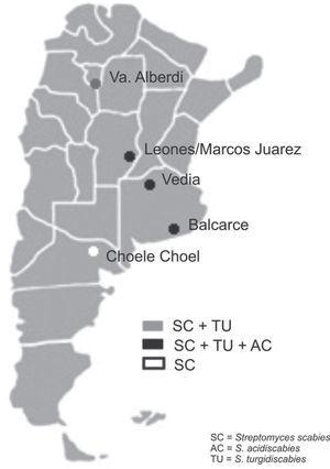 Geographical distribution of the Streptomyces species detected in soil samples with the PCR method. AC: S. acidiscabies, SC: S. scabies, TU: S. turgidiscabies.