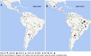 Comparative analysis of the carbapenemase distribution in A. baumannii isolates in Latin America (periods 1990–2003 and 2004–2016) and clonal relatedness.