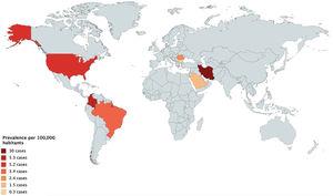 Prevalence of pemphigus worldwide per 100,000 inhabitants.2–5
