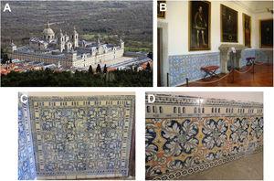 (A) View of the Royal Monastery of El Escorial. (B) Baseboard of tiles in a room of the Habsburg Palace. (C) Panel with tiles brush-painted in cobalt blue. (D) Panel with polychrome decorated tiles.