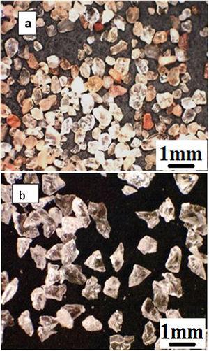 Micrographs of abrasive particles used for erosion assays: Ouargla natural sand (a) and commercial alumina grits (b).