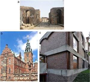 Construction works made of bricks. (a) The Herculaneum gate of Pompeii. (b) Frederiksborg Palace in Denmark, built during the first years of the 17th century. (c) Maisons Jaoul of Le Corbusier in France.