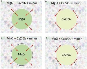 Schema of the potential designs of MgO–CaZrO3 refractories from natural raw materials. (a) MgO aggregates with radial stresses (red arrows) developed at the grain boundaries. (b) CaZrO3 aggregates with tangential stresses (red arrows) developed at the grain boundaries. (c) Circumferential microcrack network black expected for MgO aggregates. (d) Tangential microcrack network black expected for CaZrO3 aggregates.