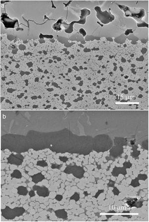 Corrosion of CaZrO3–MgO matrices fabricated from zirconia and dolomite (Table 2, Eq. (2)). Micrographs of the polished cross sections of diffusion couples cement clinker-matrix after a static test at 1450°C during 2h. The interfaces between the clinker (upper part) and the matrix (lower part) are observed. Light grey: CaZrO3; dark grey: MgO. FE-SEM back scattered images. (a) Material fabricated using a high purity dolomite. (b) Material fabricated using a low purity dolomite. Large MgO grains are observed at the interface.