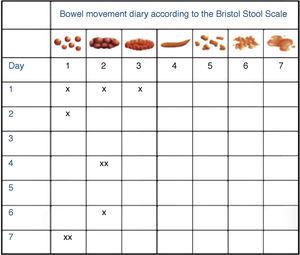 Bowel movement frequency diary according to the Bristol Stool Scale types (BM). An example of the diary filled out by the patients is shown. Drawings of the different stool types according to the Bristol Stool Scale are at the top of the diary. The patients were instructed to identify the type of defecation and to mark the frequency of each type daily.