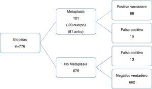 Precisión diagnóstica de la endoscopia NBI para la metaplasia intestinal histológica (signo de cresta azul clara).