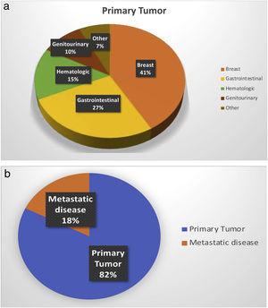 Primary tumor location and metastatic disease. (a) Primary tumor location. (b) Percentage of primary and metastatic disease.