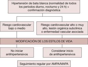 Algoritmo de tratamiento de la hipertensión de bata blanca. AMPA: automedida de la presión arterial; MAPA: monitorización ambulatoria de la presión arterial.