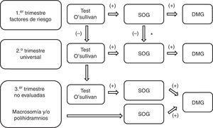 Estrategia diagnóstica de diabetes gestacional en el embarazo. SOG: sobrecarga oral de glucosa de 100g; * Opcionalmente se puede realizar test de O'Sullivan3.