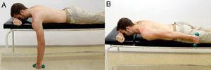 Prone extension. Exercise starts with the individual in prone with the arm at 90° of forward flexion (A). Perform extension to neutral position with the shoulder in neutral rotation (B).