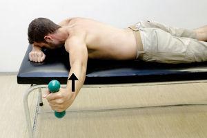 Prone horizontal abduction. Exercise starts with the individual in prone and arm abducted to 90° with external rotation. Perform horizontal abduction.