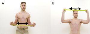 Elevation with external rotation. Exercise starts with the individual standing, elbows flexed to 90° and an elastic band held in hands. The elastic band is brought to tension with 30° of arms external rotation (A). Elevate both arms to 90° in the scapular plane while holding/maintaining the tension in the band (B).