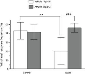 Effect of cannabinoid spinal receptors in the antihyperalgesic effect of WWIT. Mice’s CFA injected hindpaw after treatment in control water 25 °C immersion + Saline i.t. (white bar) or WWIT 35 °C (white bar). Half the mice received an i.t. injection of AM281 prior to control water 25 °C immersion (gray bar) or WWIT 35 °C (gray bar). Results show the antihyperalgesic effect of WWIT 35 °C and how injection of naloxone nullify that effect. Each point represents the mean of eight animals; vertical lines show SD. WWIT, warm water immersion therapy; **P < .01 and ###P < .001.