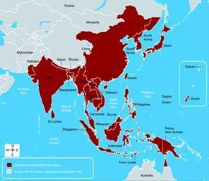 Global distribution of known Japanese encephalitis virus infection and risk areas.