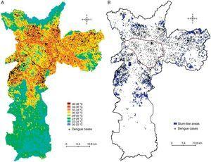 The distribution of dengue cases by temperature zones and slum-like areas. Land surface temperature (A), and slum-like areas (B) were geocoded using vector data (scale, 1/10,000). The area outlined in black is the main commercial and financial zone of São Paulo.