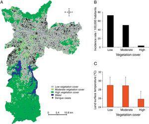 Dengue incidence by vegetation cover. (A) Dengue cases and vegetation cover areas were geocoded using geographical information systems. (B) The dengue incidence (cases per 100,000 inhabitants) and (C) land surface temperatures in the low, moderate, or high vegetation cover zones are shown.