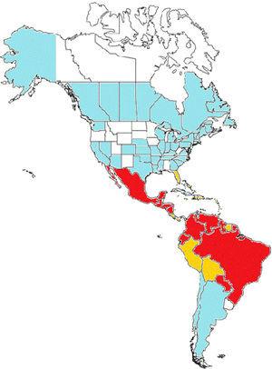Chikungunya in the Americas. In red: countries with endemic transmission with more than 1000 cases reported. In orange: Countries with endemic transmission with more than 1000 cases reported. In blue: Countries or States with imported cases only. Without color: Countries or States with no transmission reported.