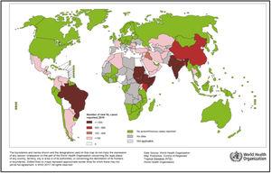 Status of endemicity of visceral leishmaniasis worldwide (Adopted from World Health Organization, Sep 2015).